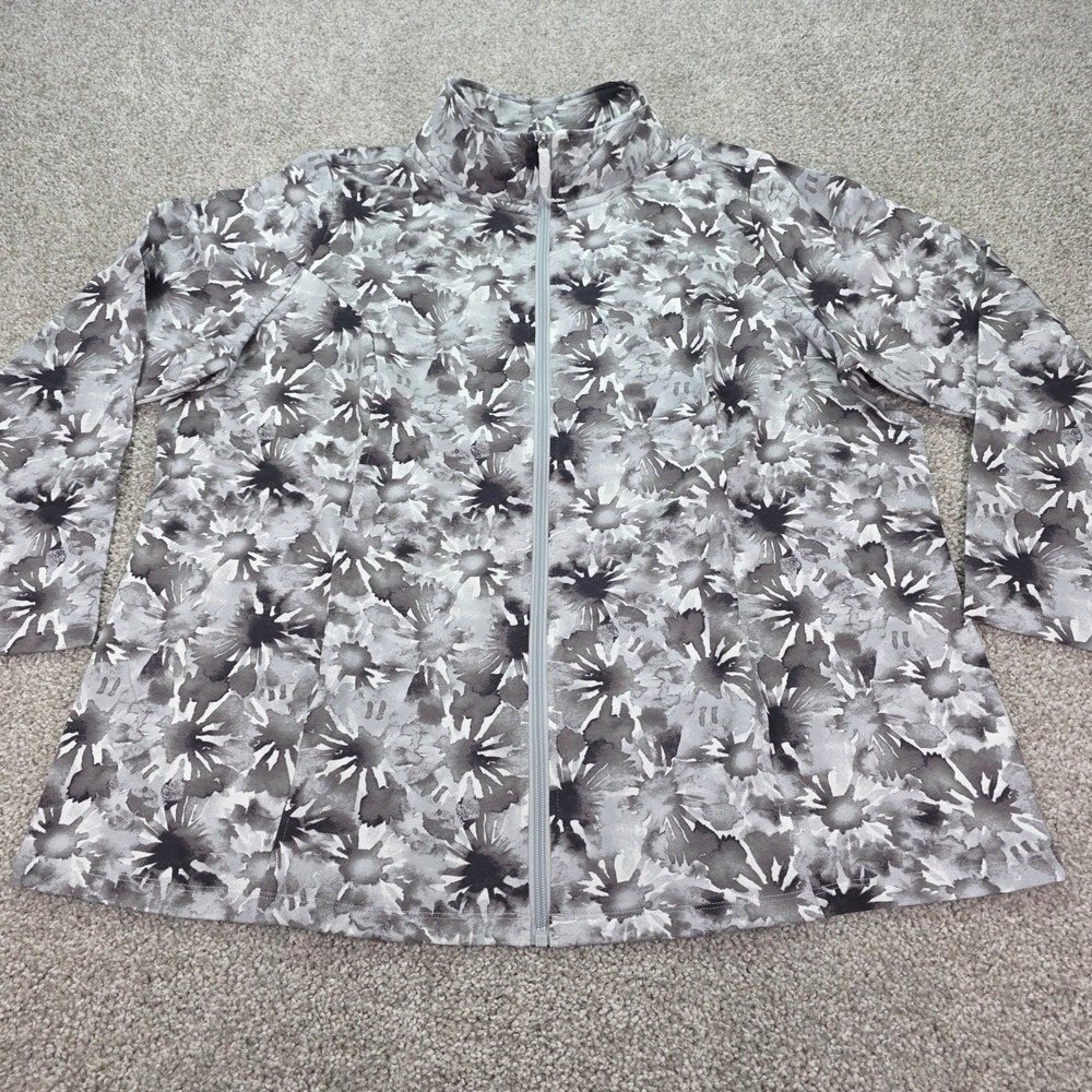 New D&Co Active Grey Floral French Terry Full Zip Mock Neck Jacket Womens 1X